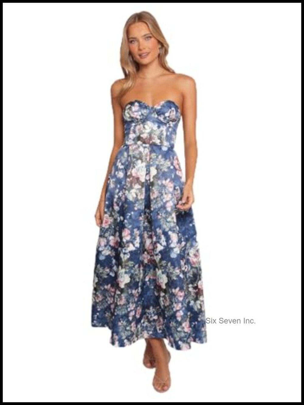 Strapless Sweetheart Midi Dress Corset Back Floral A-Line